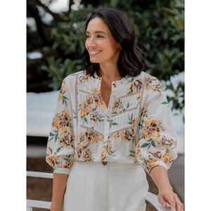 MAYE Paloma Shirt Lilah Floral Cotton Blouse Lace Trim Button Front Womens Large